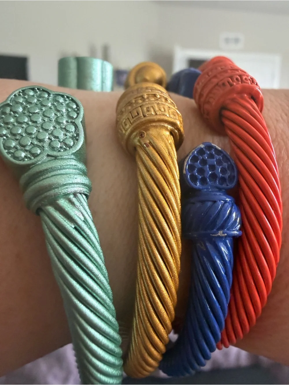 Colorful Twisted Cable Cuff Bracelets - Set of Blue, Yellow, Red, Green